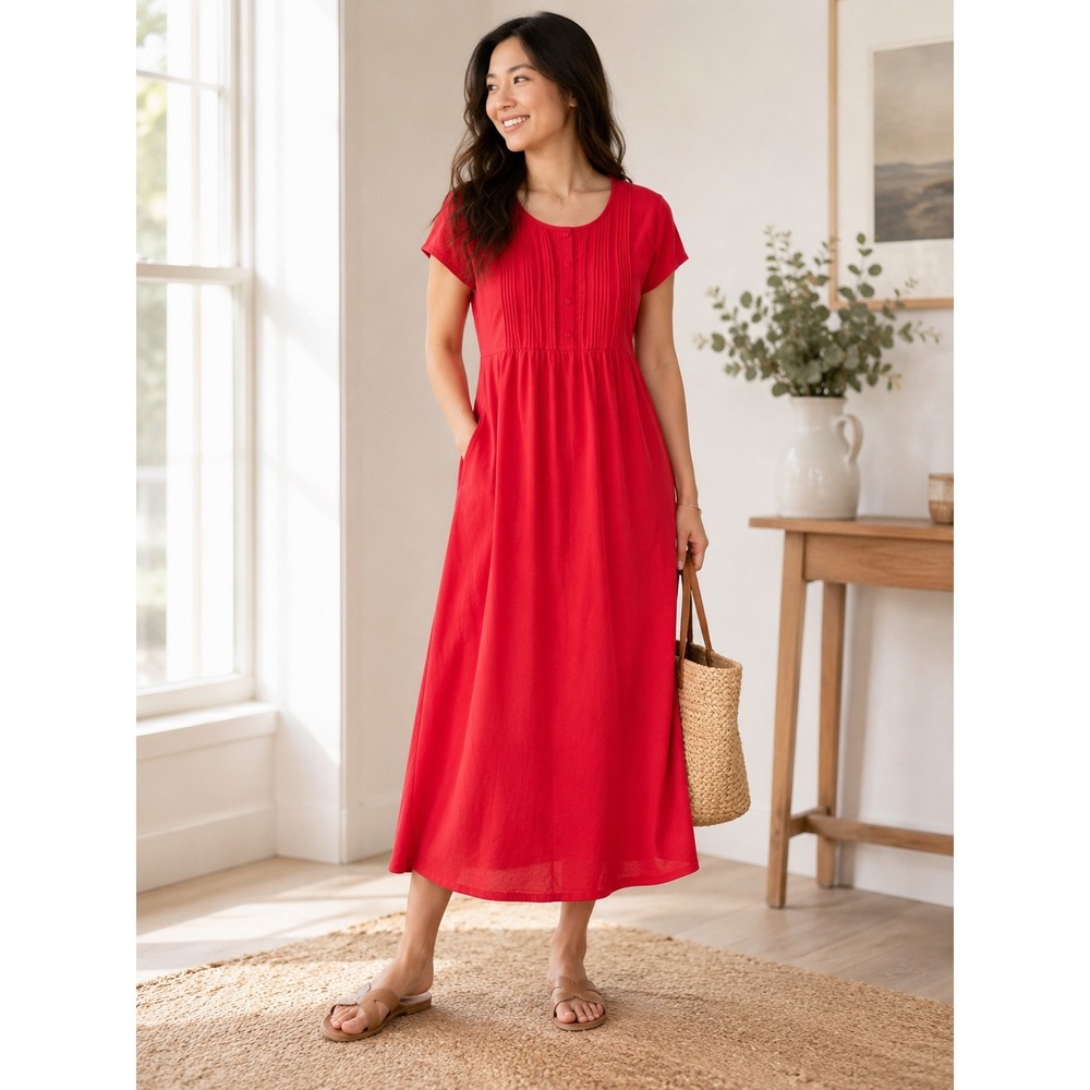 VTG Blair Coral Red Pintuck Button Front Midi Dress Short Sleeve Tie Back Medium